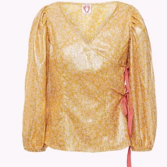 Shrimps Cordelia Floral print Lamé Wrap Blouse In Gold 8 - Picture 1 of 5